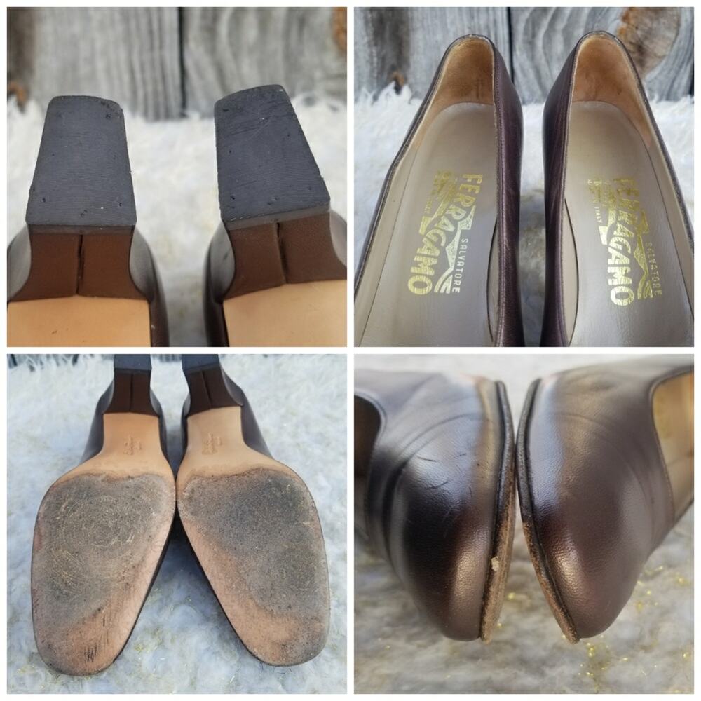 Brown Ferragamo Heels Size 6 Classic Leather Pumps Italian Shoes VTG 80s - Picture 6 of 12